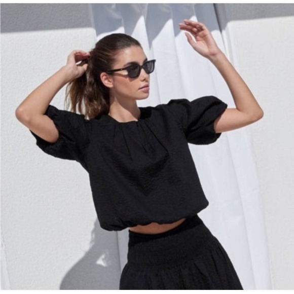 AYR Tops - AYR The Puffy Top Black Textured Cotton Puff Sleeve Bubble Hem Crop Blouse Small